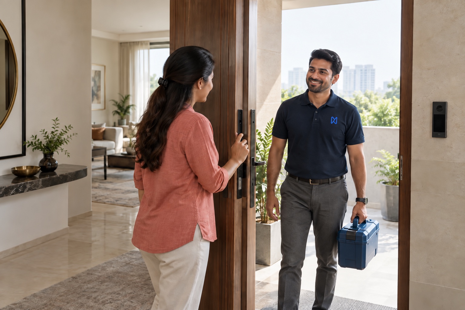 A Nuclyo technician carrying a service kit visits a homeowner at her apartment entrance
