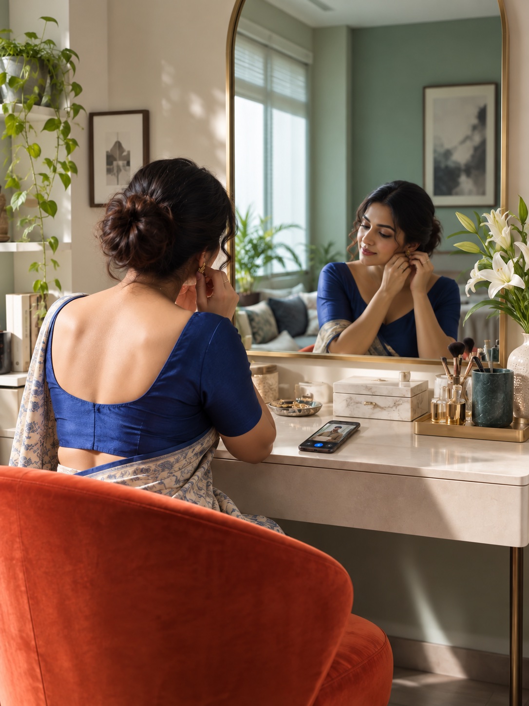 A woman finishes putting on an earring while a video door phone call appears on the phone beside her.