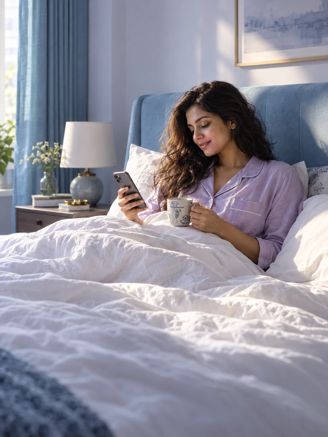 A woman resting against blue pillows checks her phone without getting out of bed.