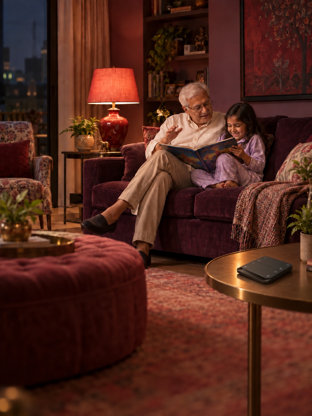 A grandfather reads with his granddaughter beside a warm lamp, with a Nuclyo wireless switch resting on the table.