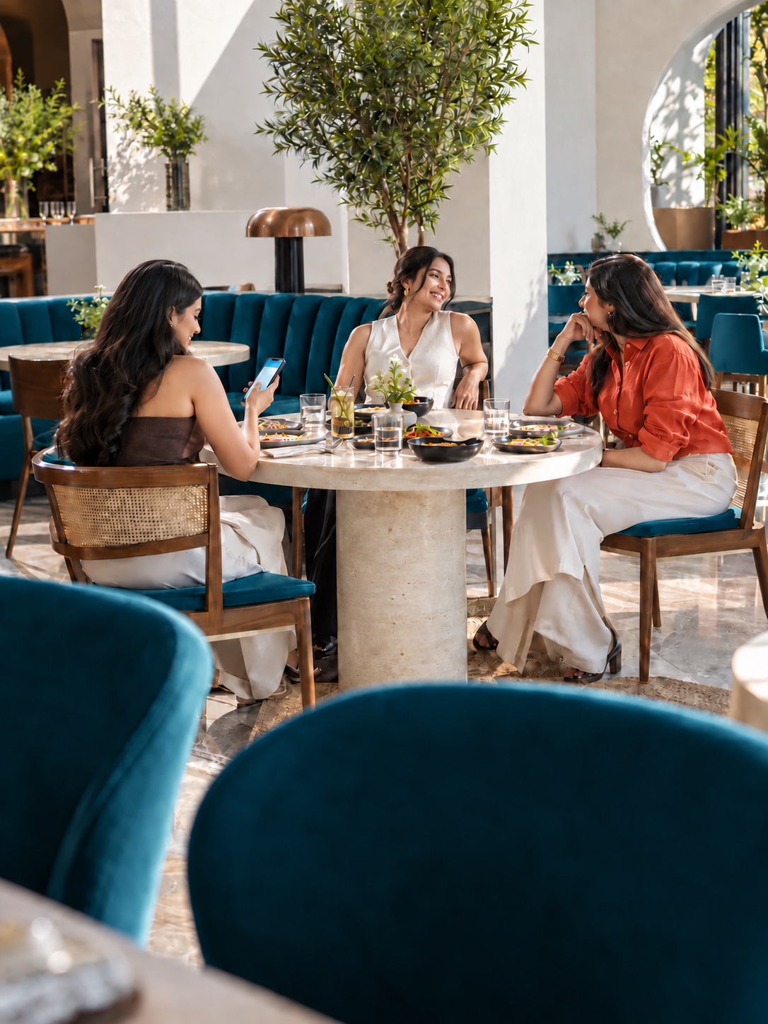 A woman in a brown top checks her phone while enjoying lunch with two friends in a bright restaurant.