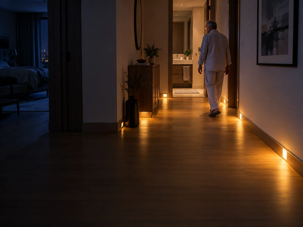 An older parent walks along a gently illuminated passage at night, with overhead lights off.