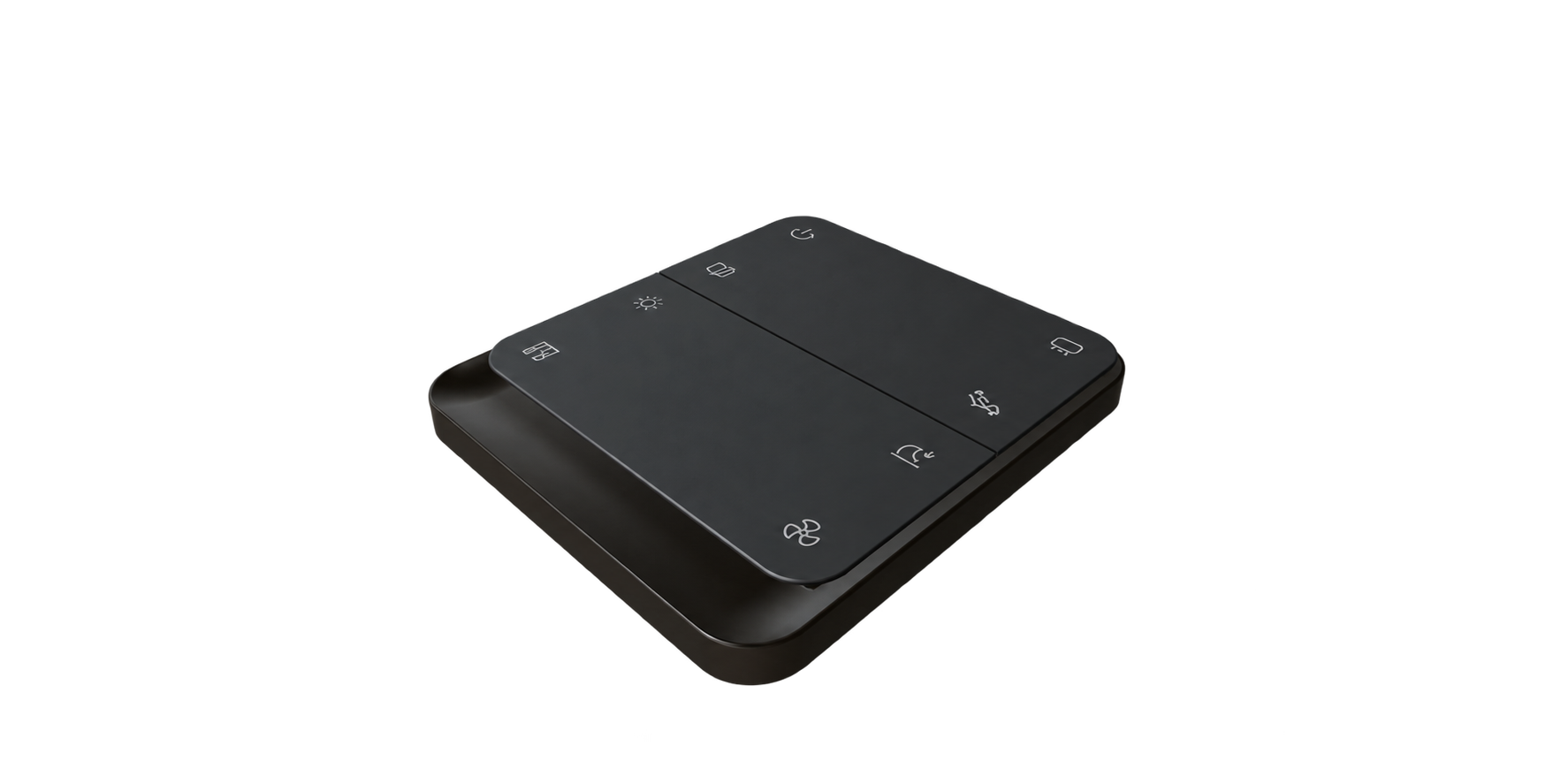 The Obsidian Black Nuclyo switch, showing its rounded edges, two rocker faces and original control icons.