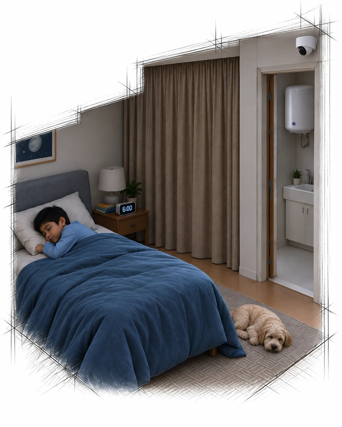 A boy and his small cream dog sleep in a softly lit bedroom. The bathroom geyser and a two-way camera are visible at the upper right.