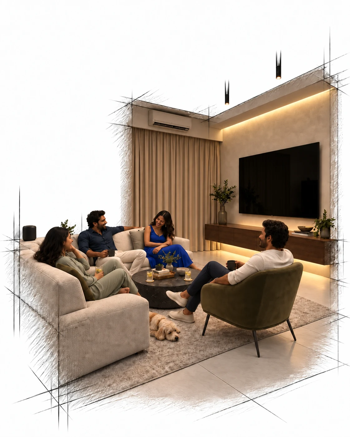 Four friends relaxing in an architectural cutaway living room, with warm lighting, closed curtains, music on the television and a comfortable climate.